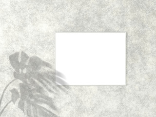 3x4 horizontal White frame for photo or picture mockup on concrete background with shadow of monstera leaves. 3D rendering.