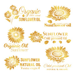 Golden Sunflower Oil Logos Set, Technology Wildflower Logo Templates for Brabding Identty. Gold Vector Isolated Flowers Hand Drawings with Lettering