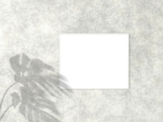 4x5 horizontal White frame for photo or picture mockup on concrete background with shadow of monstera leaves. 3D rendering.