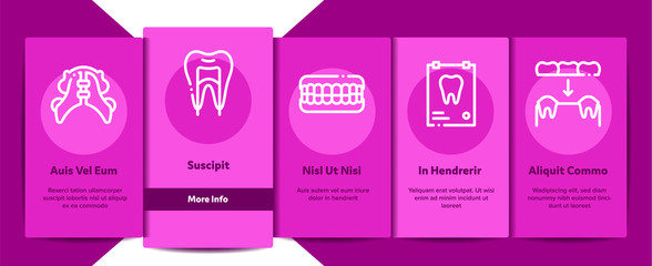Stomatology Vector Onboarding Mobile App Page Screen. Stomatology Dentist Equipment And Chair, Healthy And Unhealthy Tooth Linear Pictograms. Jaw Denture, Injection Anesthesia Illustrations