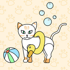 сute kitty, summer bathing cat, baby vector illustration, seamless background pattern
