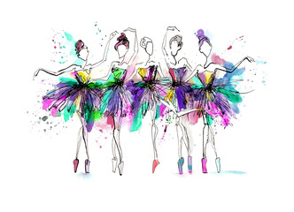 Watercolor silhouettes of ballerinas. Bright spray. Dance. Bright spots, ballet tutu. different poses. Ballerinas in the dance. Watercolor background, bright splashes.Prima ballerina. © pivich
