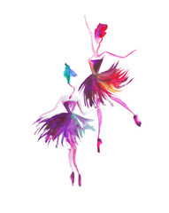 Watercolor silhouettes of ballerinas. Bright spray. Dance. Bright spots, ballet tutu. different poses. Ballerinas in the dance. Watercolor background, bright splashes.Prima ballerina.
