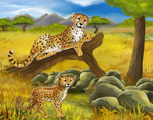 cartoon scene with cheetah resting on tree with family illustration for children © honeyflavour