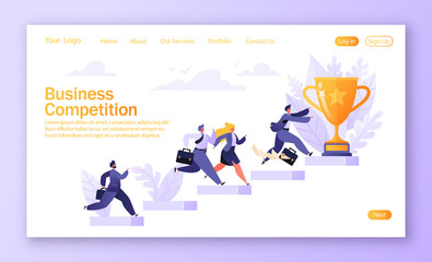 Business competition concept for mobile website, web page design. Road to success. Group of different running businessmen to achieve results, goals and enrichment run to the cup. Template landing page