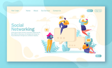 Fototapeta premium Template for landing page, mobile website development and web page design with flat people characters chatting with phones and tablets on social media, networking. Take a selfie, exchange text message