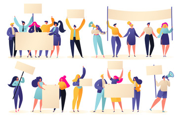 Set of different protesting young people, holding banners and placards. Flat men and women characters on parade, political meeting or rally. Group of male and female protesters and activists.