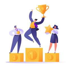 Happy business people standing on the winner podium with awards. Businessman with golden trophy cup. Teamwork, career, rich goal sucsess achievement theme with successful flat characters. 