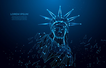 Statue of Liberty in New York City from particles, lines and triangles on blue background. Polygonal wireframe silhouette. Mesh art, poly low