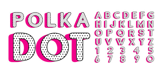 Cute polka dots 3D english alphabet letters set.  Vector LOL doll surprise style. Happy birthday alphabet with hot pink shadow