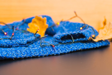 knitted sweater and dry oak leaves with garland