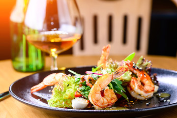 close-up shrimp salad in a restaurant