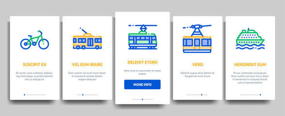 Collection Public Transport Vector Onboarding Mobile App Page Screen. Trolleybus And Bus, Tramway And Train, Cable Way And Monorail Transport Pictograms. Car And Taxi, Plane And Ship Illustrations