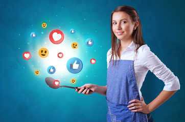 Young happy person cooking social media concept in wok