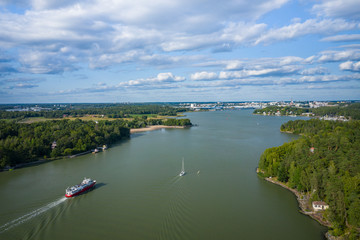 Aerial view of Ruissalo island. Turku. Finland. Nordic natural landscape. Photo made by drone from above.