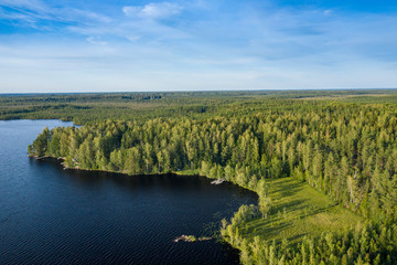 Aerial view of Kurjenrahka National Park. Turku. Finland. Nordic natural landscape. Scandinavian national park. Photo made by drone from above.