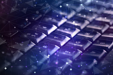 Close-up dark keyboard with networking concept