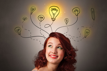 Pretty girl with draw bulbs above her head with different solutions concept