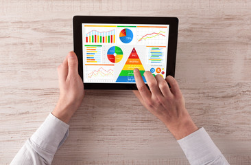 Business hand with tablet making analyses and checking the daily calories