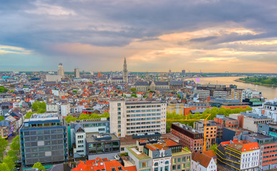 An aerial view of Antwerp, Belgium at sunset.