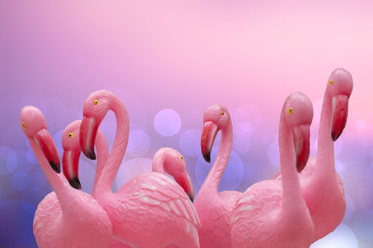 Flamingo background. Close-up of a group of pink plastic flamingos with selective focus against abstract tropical background. Card concept.Macro.