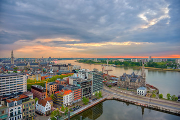 Fototapeta na wymiar An aerial view of Antwerp, Belgium at sunset.