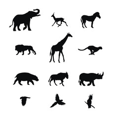 Vector black set collection of African animals silhouette isolated on white background