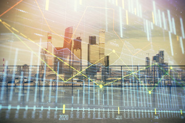 Forex graph hologram with city view from roof background. Double exposure. Financial analysis concept.
