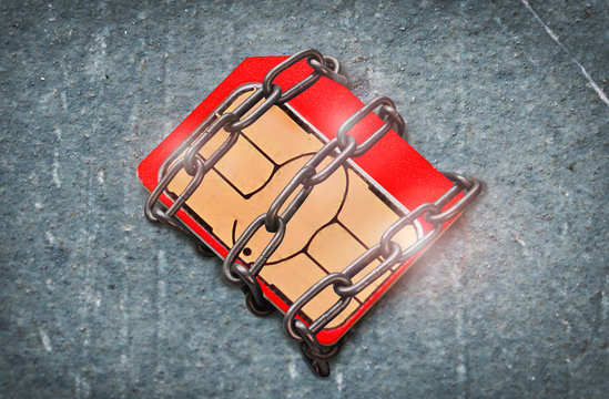 Blocked microchip concept: bank chip or sim card. Microchip coiled with chain.