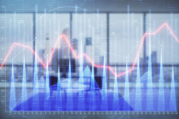 Business theme graph hologram with minimalistic cabinet interior background. Double exposure. Stock market concept.