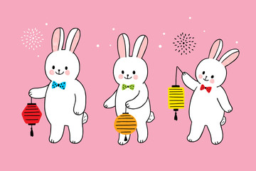 Cartoon cute mid autumn rabbit and moon vector.