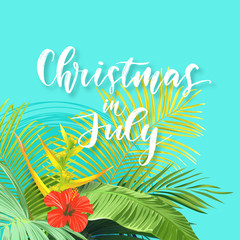Fototapeta na wymiar Christmas on the summer beach design with green palm leaves and tropical hibiscus flowers, vector illustration.