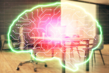 Brain sign hologram with minimalistic cabinet background. Double exposure. Ai concept.