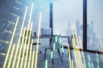 Forex chart hologram with minimalistic cabinet interior background. Double exposure. Stock market concept.