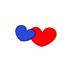 Vector flat logo design two hearts - blue heart and red heart isolated. Romantic valentines day icon