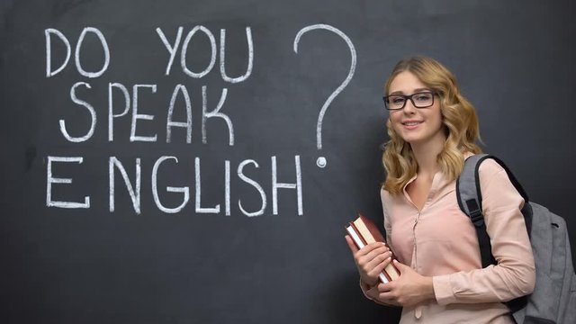 Smart girl asking Do you speak English, language courses with native speaker
