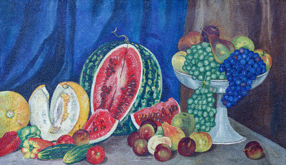 Painting oil on canvas. Still life with a watermelon, fruit and vegetables. Watermelon, melons, peppers, cucumbers, pears, apples, plums, grapes.