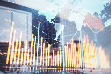 Double exposure of stock market graph with globe hologram on conference room background. Concept of international finance