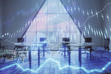 Double exposure of forex chart on conference room background. Concept of stock market analysis