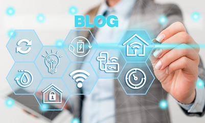 Word writing text Blogquestion. Business photo showcasing regularly updated website web page run by individual Female human wear formal work suit presenting presentation use smart device