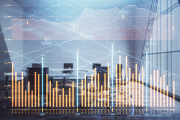Multi exposure of stock market graph on conference room background. Concept of financial analysis