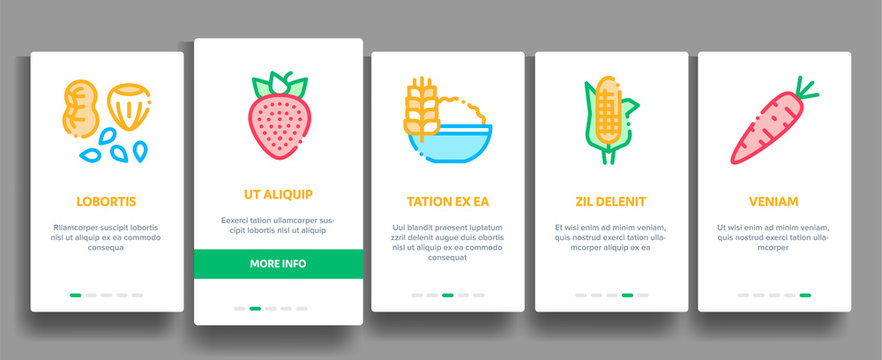 Collection Healthy Food Vector Onboarding Mobile App Page Screen. Vegetable, Fruit And Meat Healthy Food Linear Pictograms. Strawberry And Orange, Blueberry And Pumpkin, Eggs And Fish Illustrations
