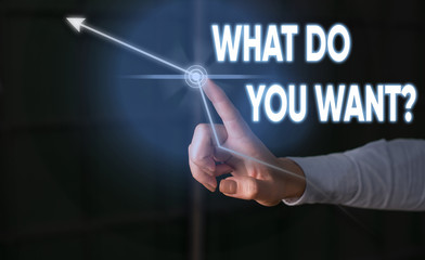 Conceptual hand writing showing What Do You Want Question. Concept meaning say or write in order to ask demonstrating about something Lady front presenting hand blue futuristic modern technology