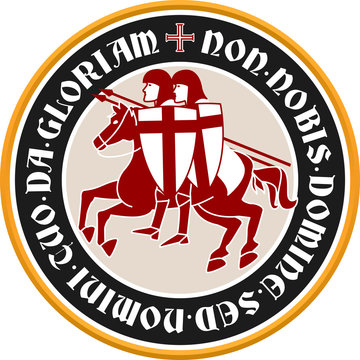Templar circular emblem with latin text, knights and cross.
