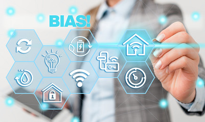 Word writing text Bias. Business photo showcasing inclination or prejudice for or against one demonstrating group Female human wear formal work suit presenting presentation use smart device