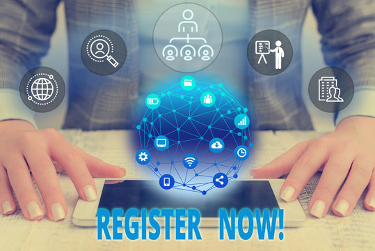 Word writing text Register Now. Business photo showcasing official list or record showing or things into web or forum Female human wear formal work suit presenting presentation use smart device