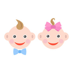 cute baby faces of a boy and a girl on a white background