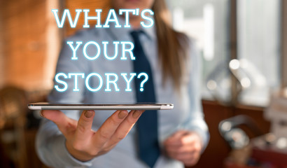 Word writing text What S Your Story Question. Business photo showcasing asking demonstrating about his past life actions events Blurred woman in the background pointing with finger in empty space