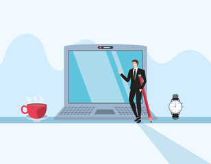 Obraz premium mini businessman with laptop in the workplace