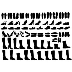 vector, isolated, set of women's shoes, boots, set of silhouettes